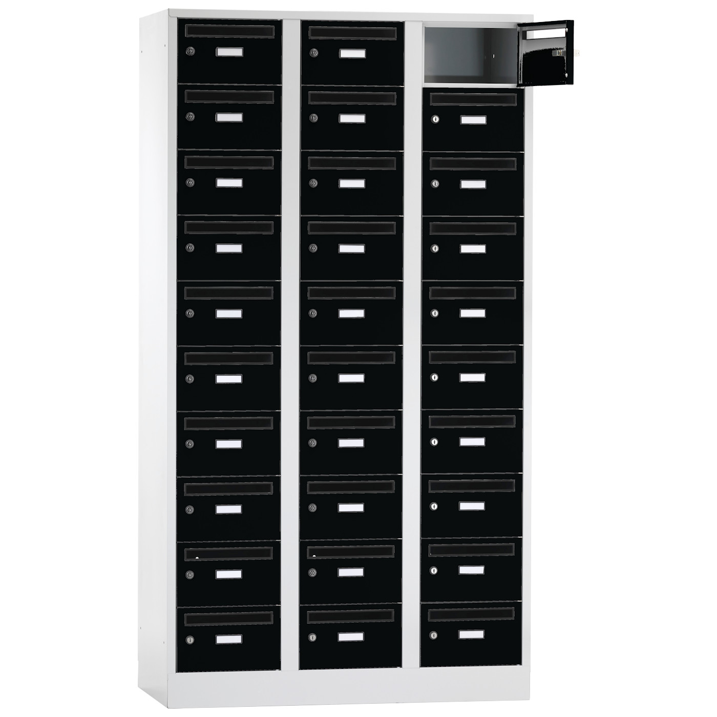 Wolf Postverteilerschrank Serie 42 PV, Sockel, Abteilbreite 350 mm, 3 Abteile à 10 Fächer Tiefschwarz RAL 9005