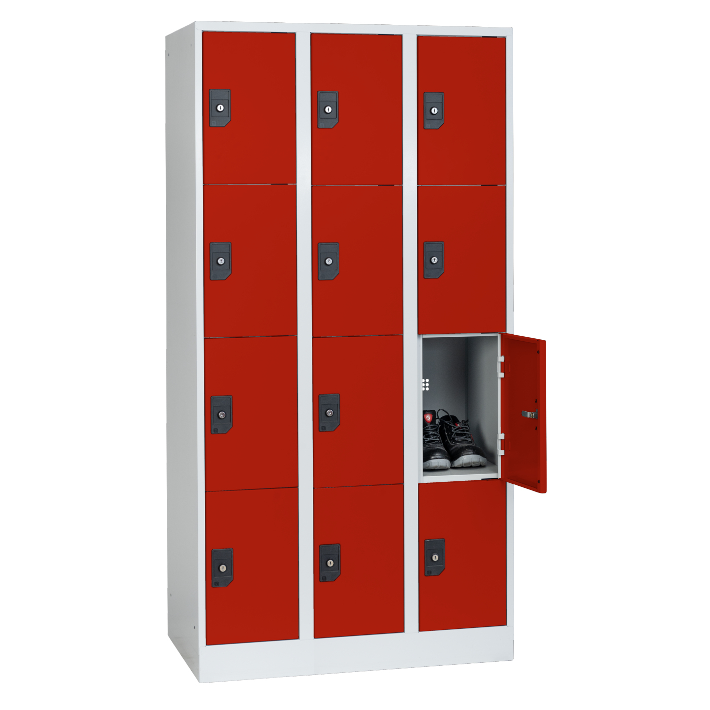 Wolf Fächerschrank Serie 96, Sockel, Abteilbreite 300 mm, 3 Abteile à 4 Fächer Feuerrot RAL 3000
