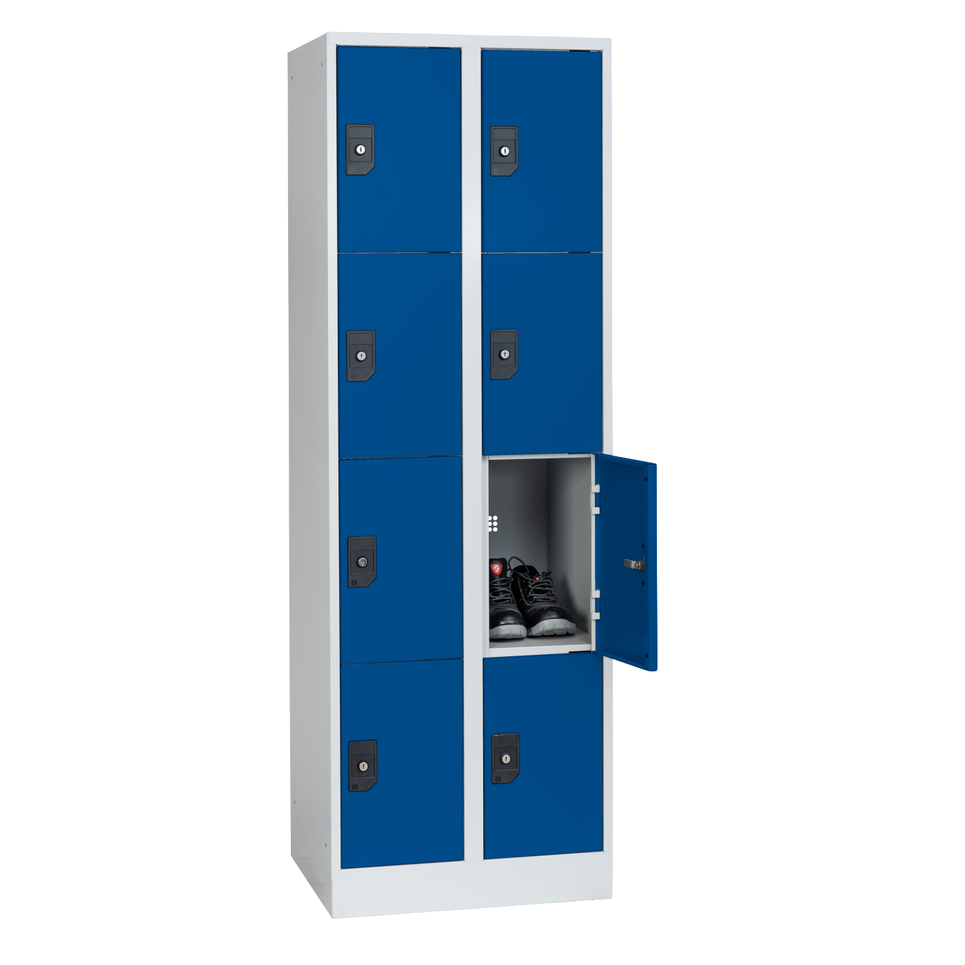 Wolf Fächerschrank Serie 96, Sockel, Abteilbreite 300 mm, 2 Abteile à 4 Fächer Enzianblau RAL 5010