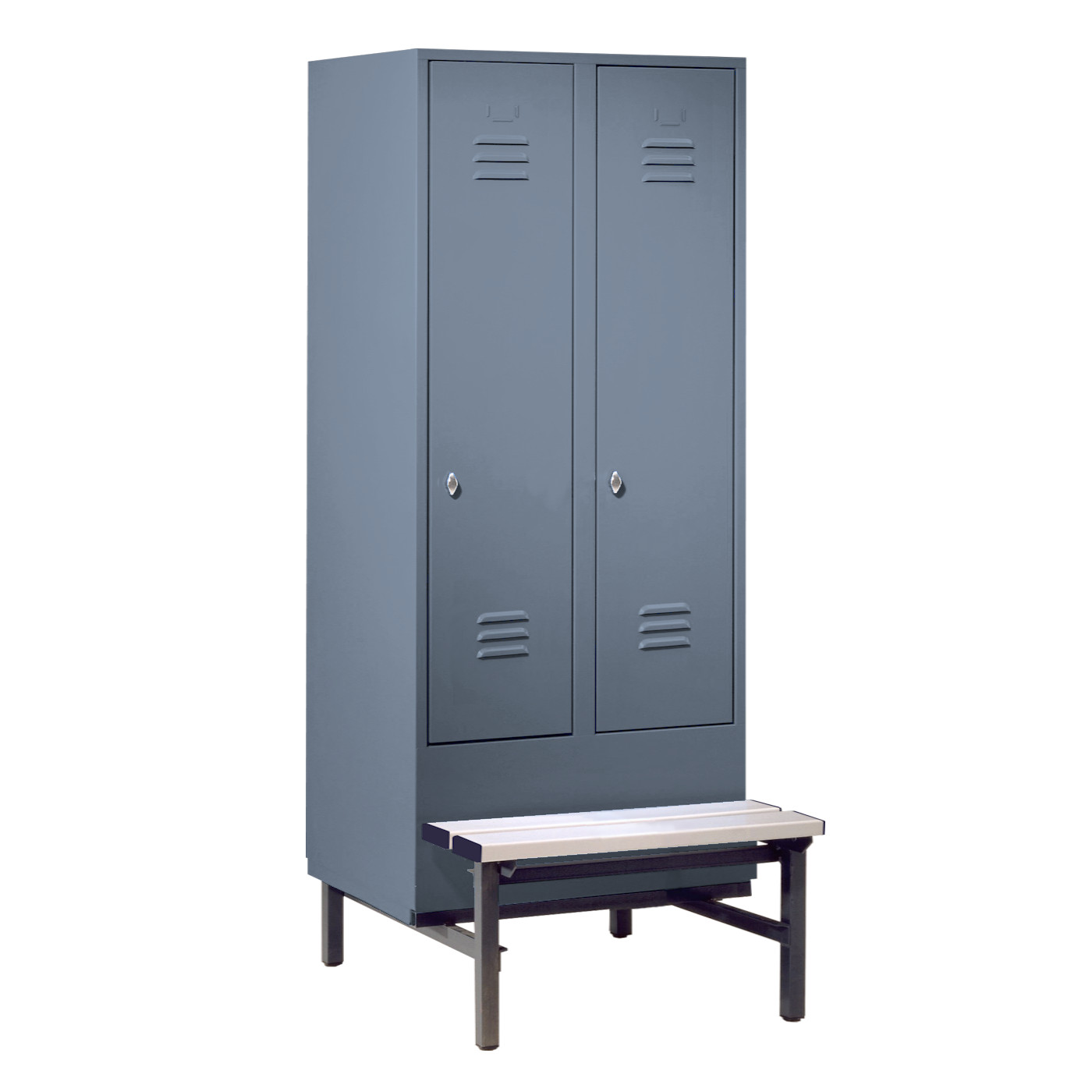 Wolf Spind Serie 75 GU mit Sitzbankuntergestell, Abteilbreite 400 mm, 2 Abteile Blaugrau RAL 7031