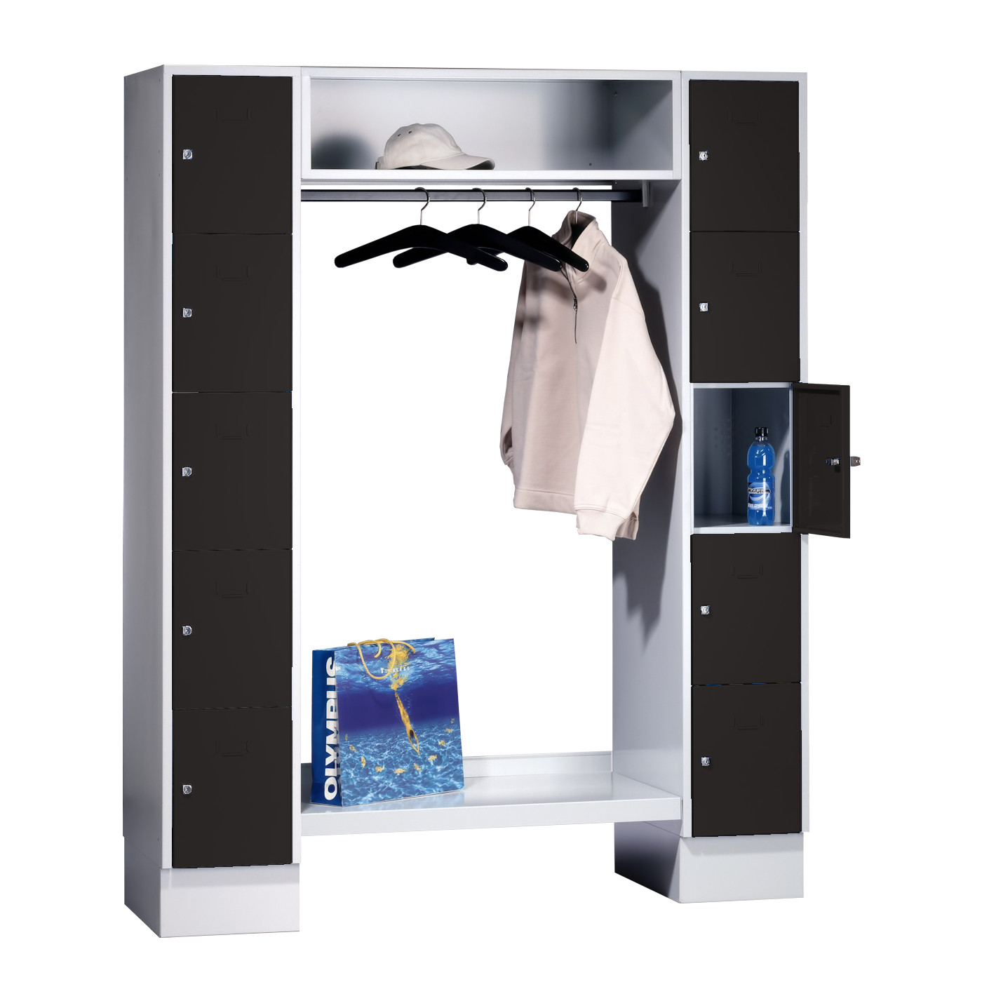 Wolf Schließfachgarderoben-System Serie 78 2 Abteile Breite 300 mm 10 Fächer offene Garderobe Tiefschwarz RAL 9005