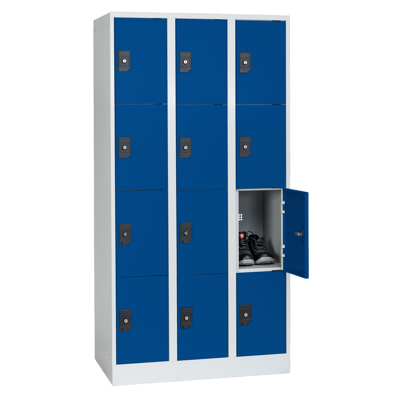 Wolf Fächerschrank Serie 96, Sockel, Abteilbreite 300 mm, 3 Abteile à 4 Fächer Enzianblau RAL 5010