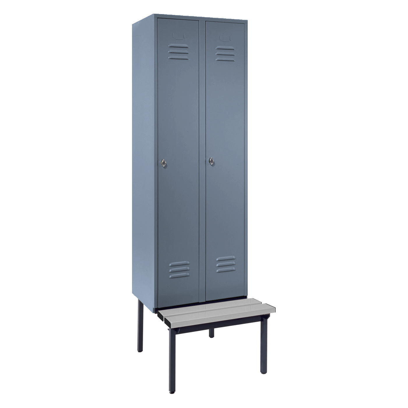 Wolf Spind Serie 75 U mit Sitzbankuntergestell, Abteilbreite 300 mm, 2 Abteile Blaugrau RAL 7031