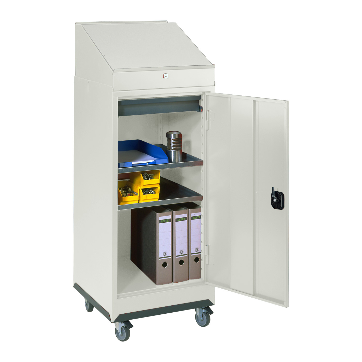 Wolf Werkzeugschrank fahrbares Pult Serie 50, Rollen, Breite 500mm, 1 Schublade, 2 Fachböden Lichtgrau RAL 7035
