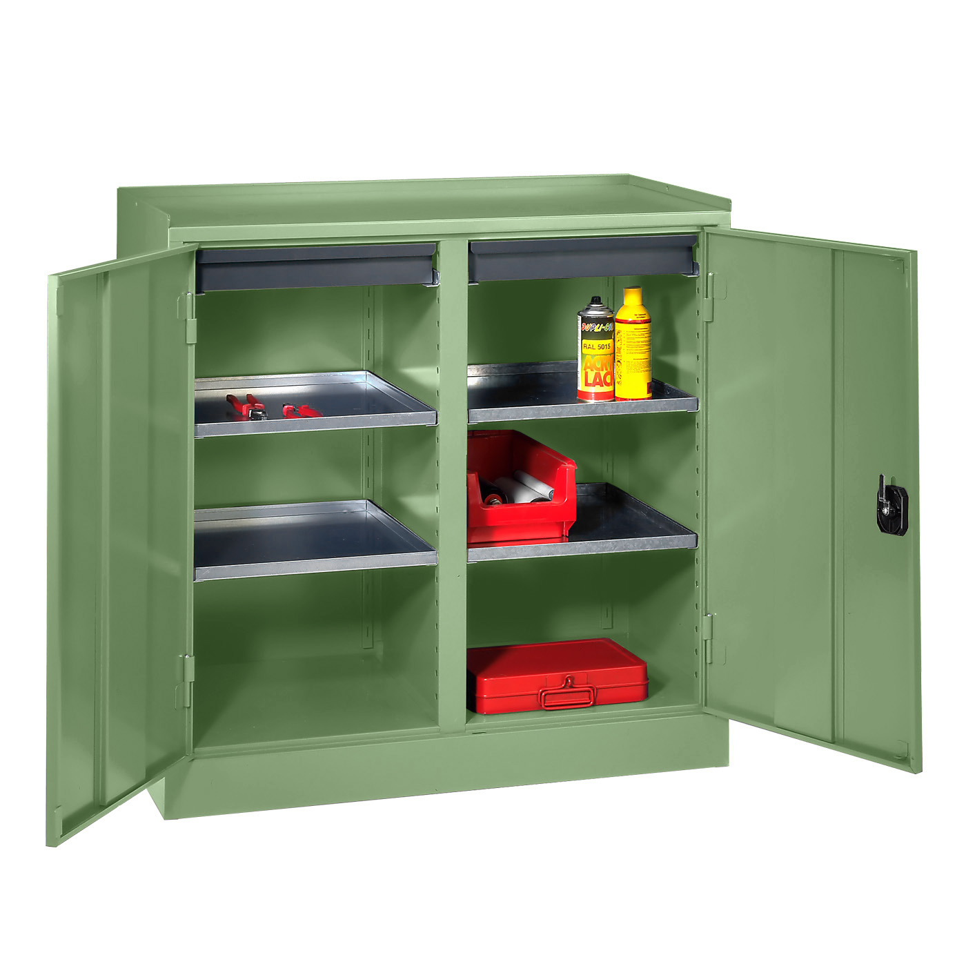 Wolf Werkzeugschrank Serie 51 Sockel Breite 1000 mm 2 Abteile 2 Schubladen 4 Fachböden Resedagrün RAL 6011