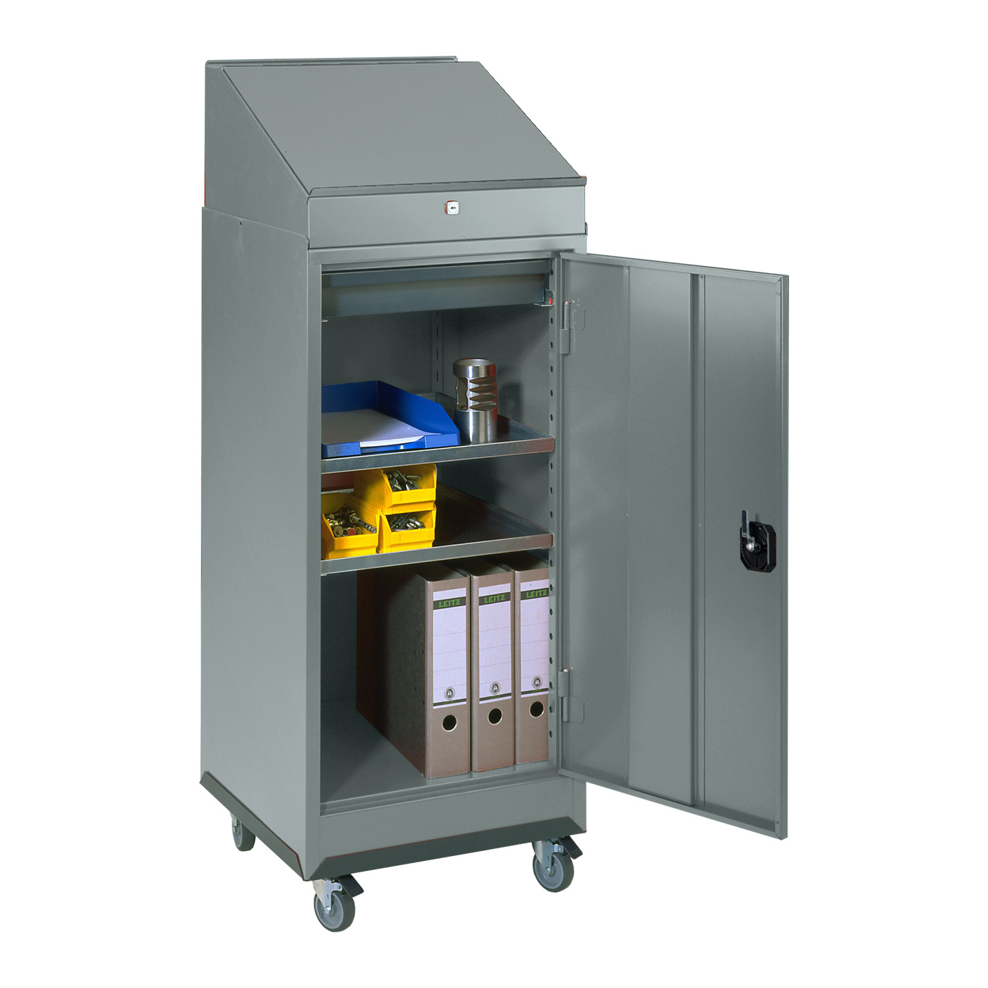 Wolf Werkzeugschrank fahrbares Pult Serie 50, Rollen, Breite 500mm, 1 Schublade, 2 Fachböden Blaugrau RAL 7031