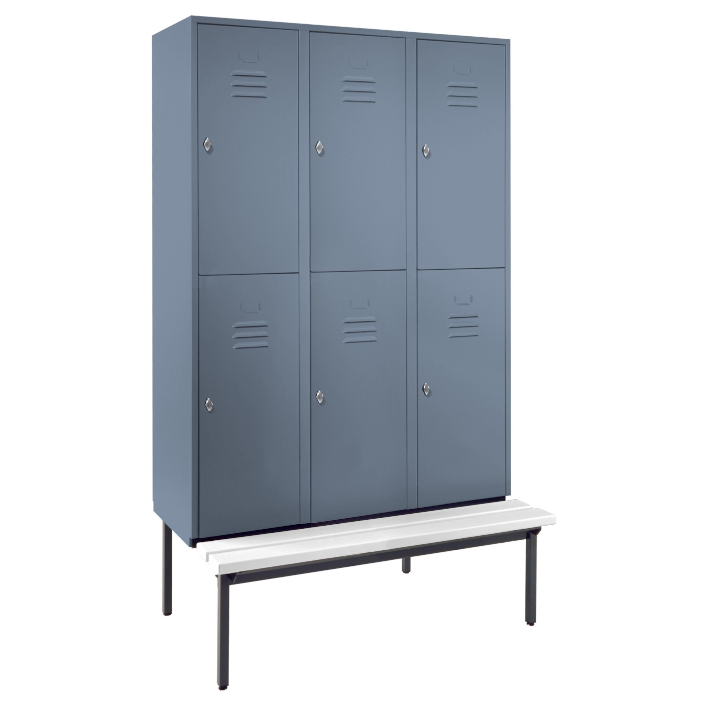 Wolf Spind Serie 74 U doppelstöckig Sitzbankuntergestell Abteilbreite 400 mm 3 Abteile 6 Fächer Blaugrau RAL 7031