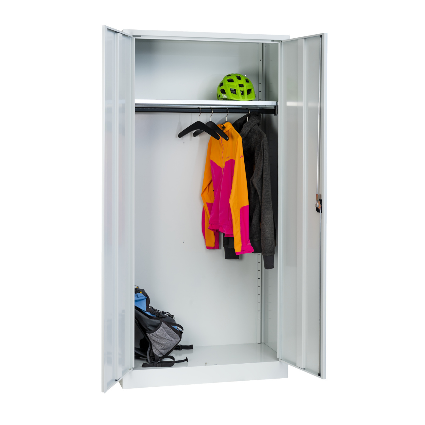 Wolf Flügeltüren-Garderobenschrank Serie 20 mit Sockel Höhe 1950 Breite 950 mm durchgehend Lichtgrau RAL 7035