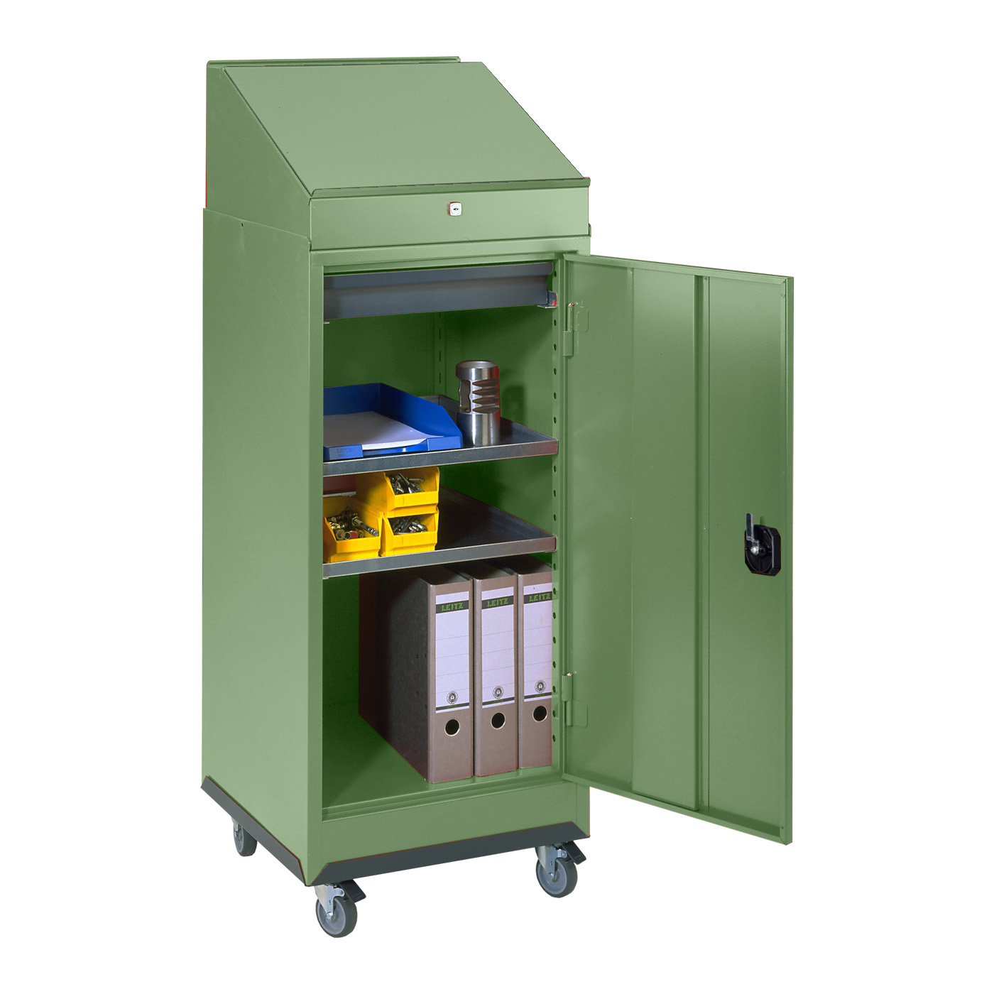 Wolf Werkzeugschrank fahrbares Pult Serie 50, Rollen, Breite 500mm, 1 Schublade, 2 Fachböden Resedagrün RAL 6011
