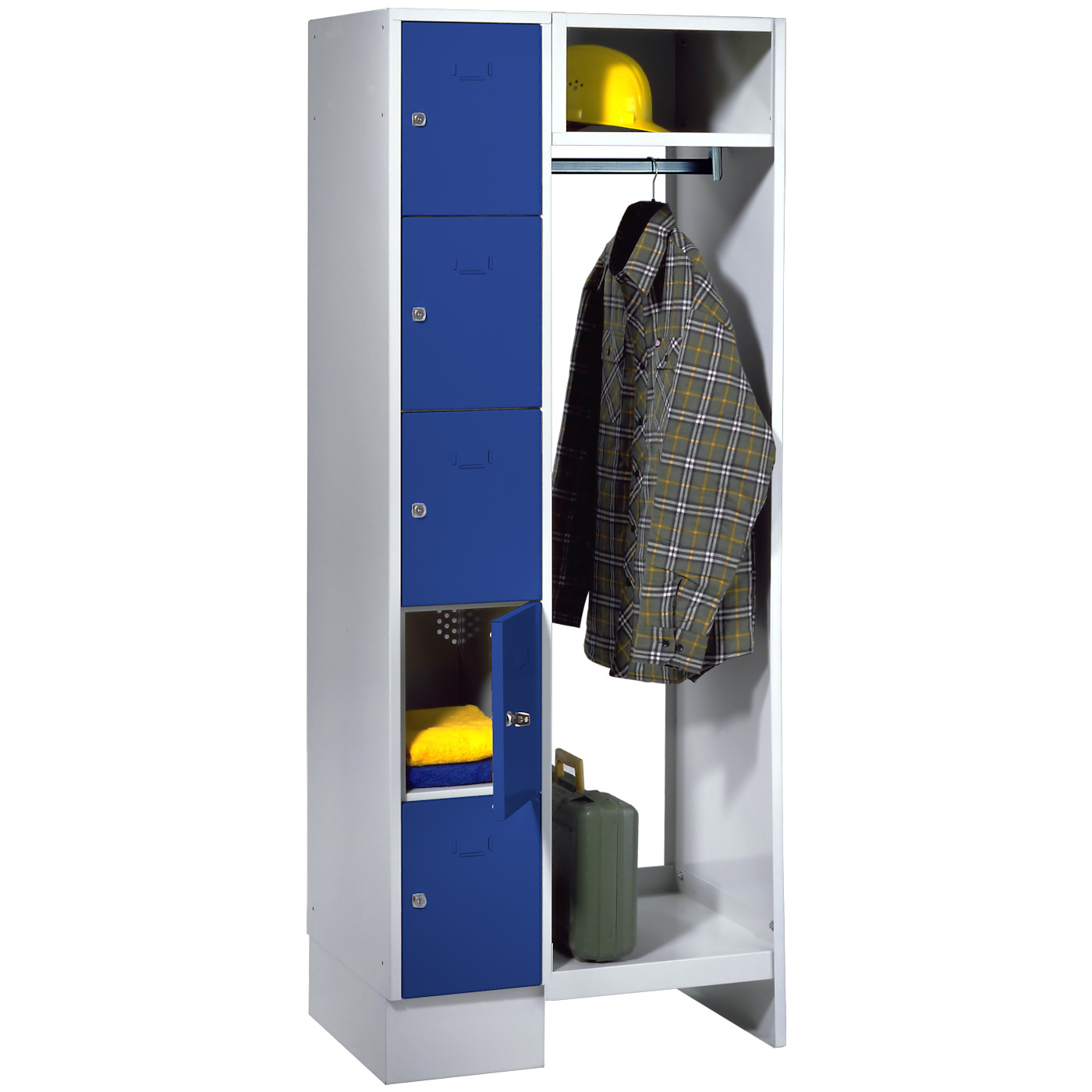 Wolf Schließfachgarderoben-System Serie 78 1 Abteil Breite 300 mm, 5 Fächer, offene Garderobe Enzianblau RAL 5010