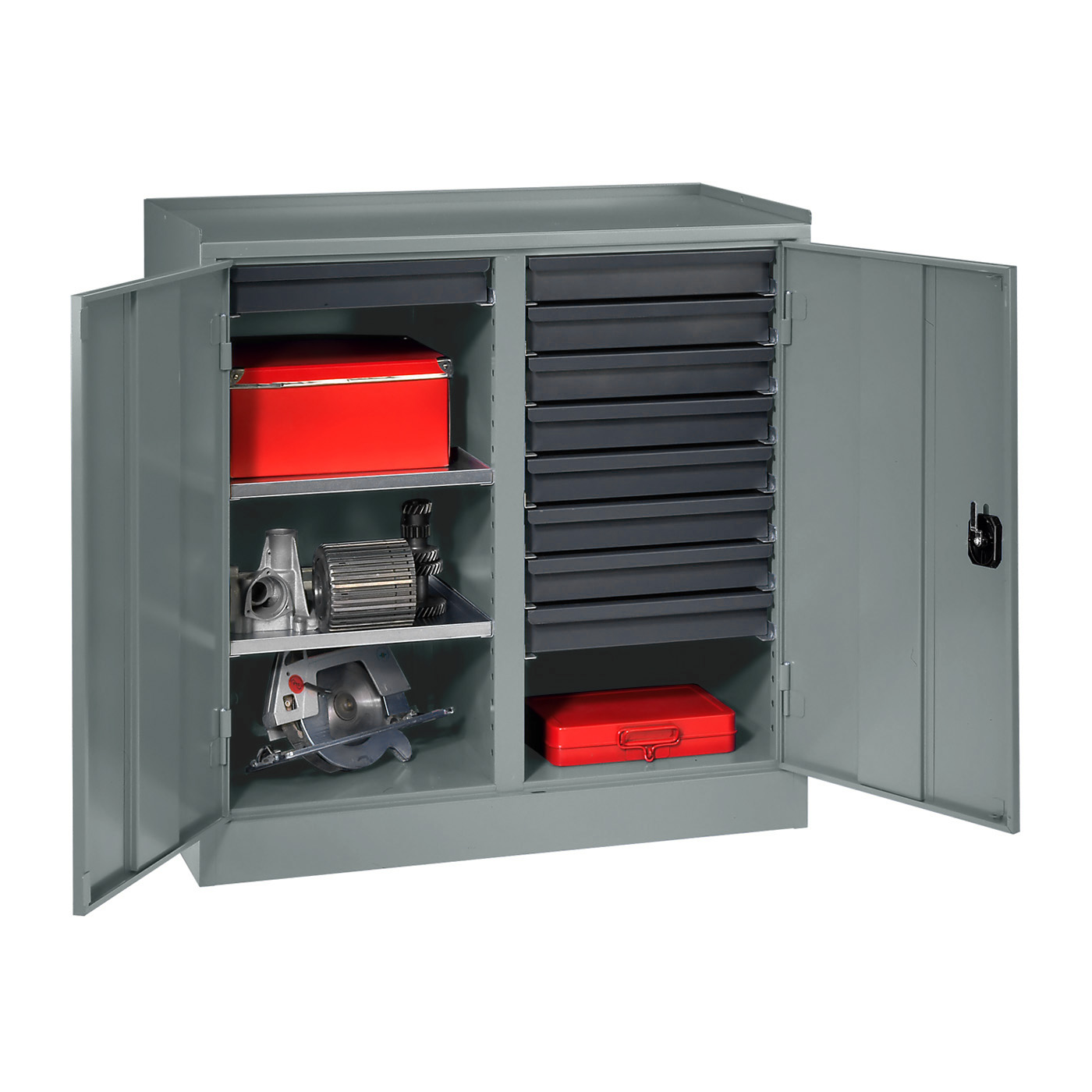 Wolf Werkzeugschrank Serie 51 Sockel Breite 1000 mm 2 Abteile 9 Schubladen 2 Fachböden Blaugrau RAL 7031