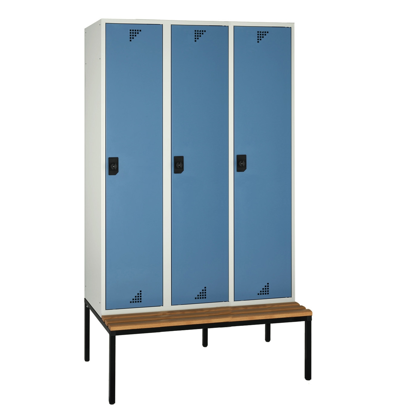 Wolf Spind Serie 82 U mit Sitzbankuntergestell, Abteilbreite 400 mm, 3 Abteile Brillantblau RAL 5007