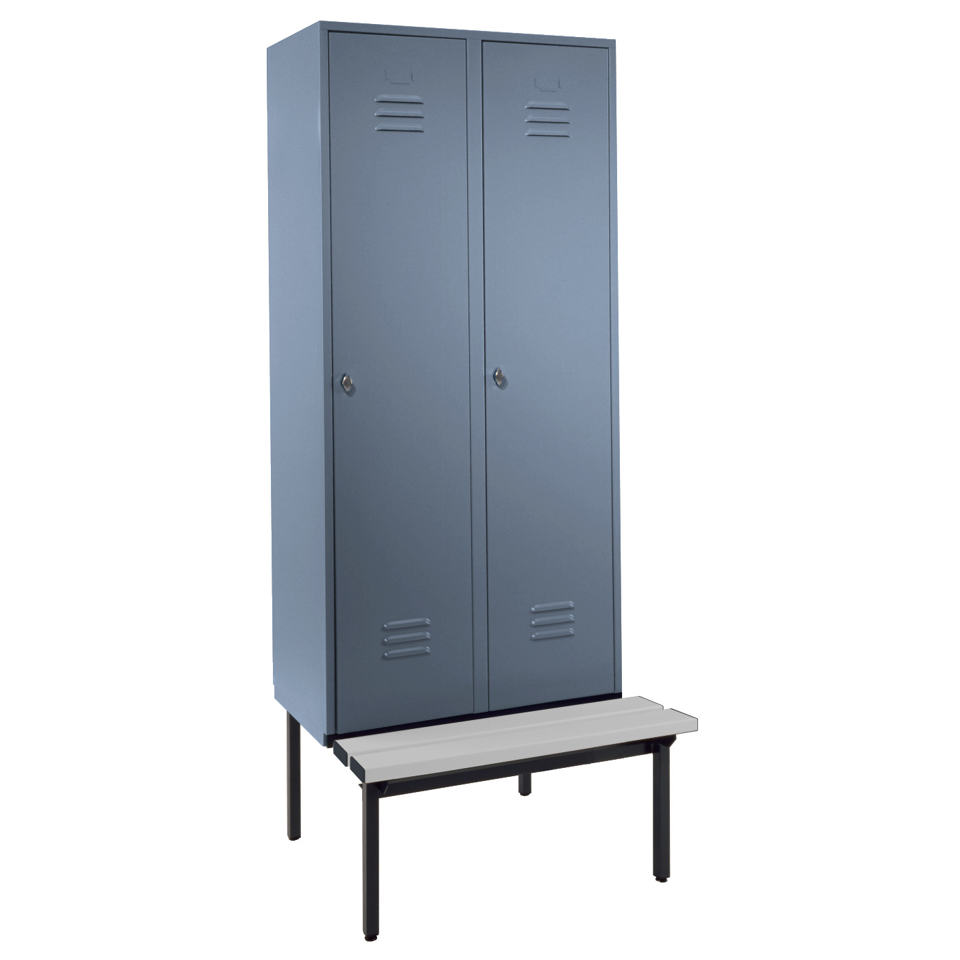 Wolf Spind Serie 75 U mit Sitzbankuntergestell, Abteilbreite 400 mm, 2 Abteile Blaugrau RAL 7031