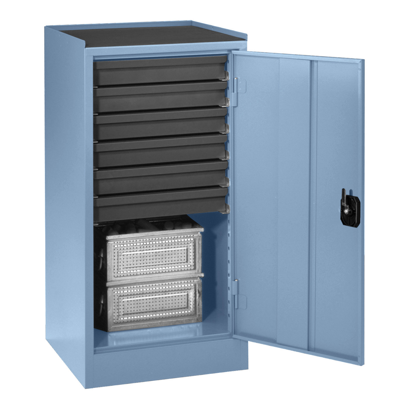 Wolf Werkzeugschrank Serie 50, Sockel, Breite 500 mm, 6 Schubladen, Stauraum Brillantblau RAL 5007