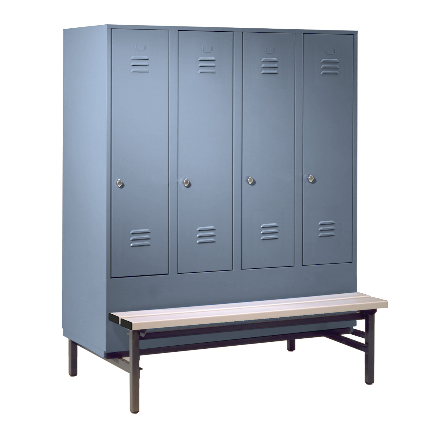 Wolf Spind Serie 75 GU mit Sitzbankuntergestell, Abteilbreite 400 mm, 4 Abteile Blaugrau RAL 7031