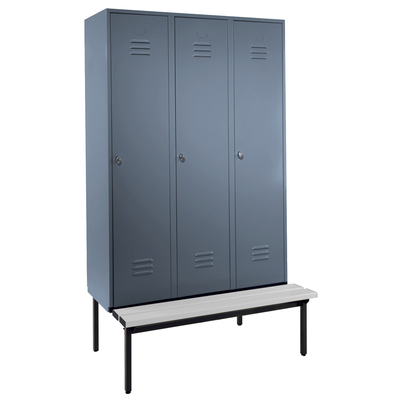 Wolf Spind Serie 75 U mit Sitzbankuntergestell, Abteilbreite 400 mm, 3 Abteile Blaugrau RAL 7031