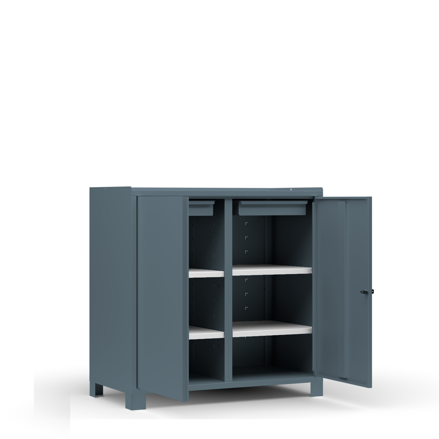 Wolf Werkzeugschrank Serie 59 Füße Breite 1000 mm 2 Schubladen 4 Fachböden Blaugrau RAL 7031
