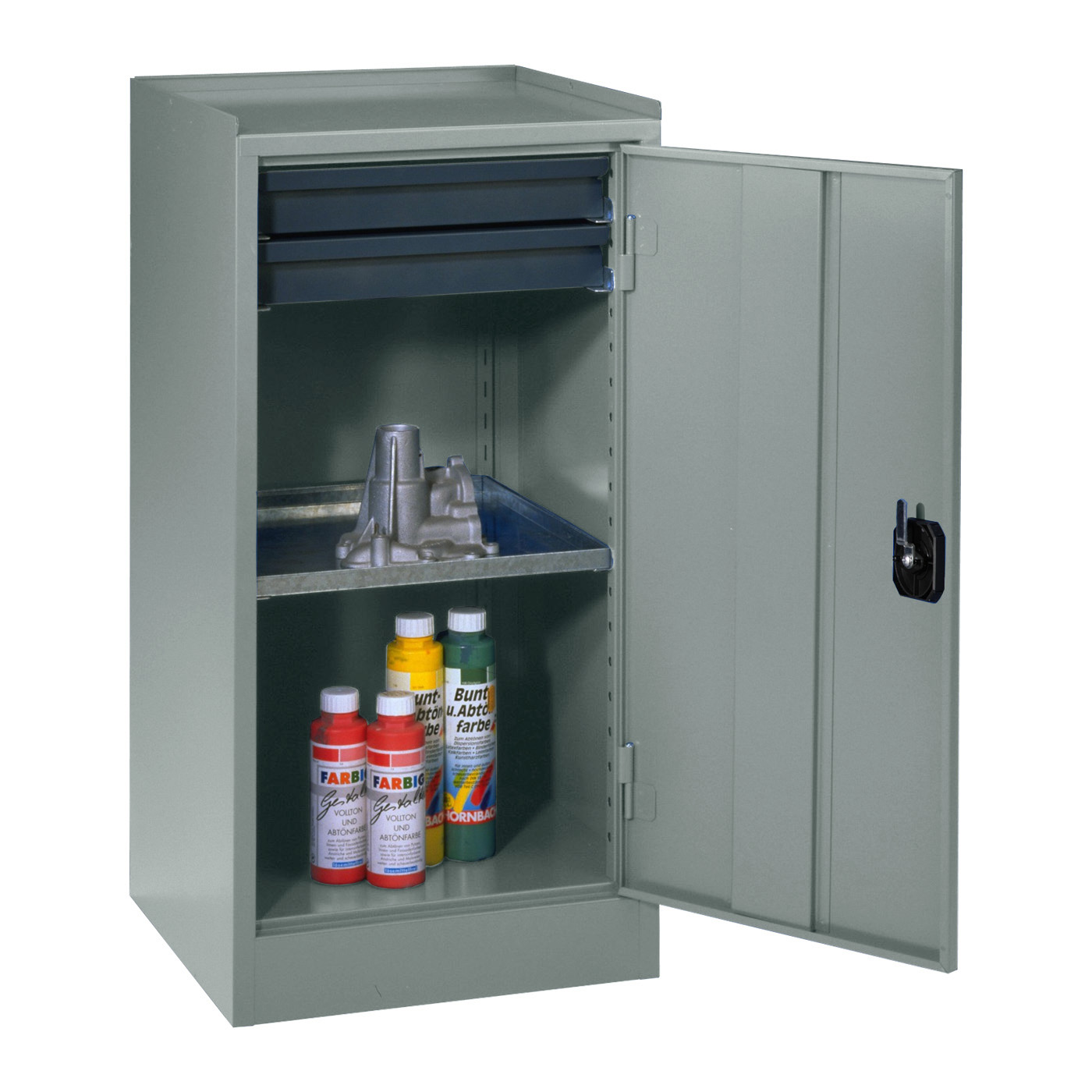 Wolf Werkzeugschrank Serie 50, Sockel, Breite 500 mm, 2 Schubladen, 1 Fachboden Blaugrau RAL 7031