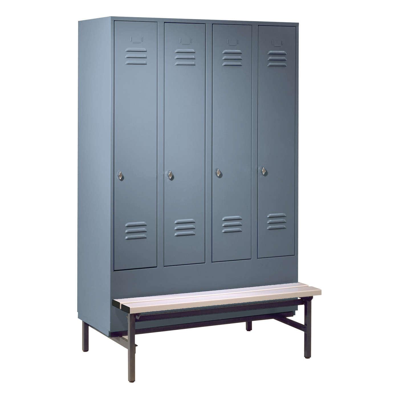 Wolf Spind Serie 75 GU mit Sitzbankuntergestell, Abteilbreite 300 mm, 4 Abteile Blaugrau RAL 7031