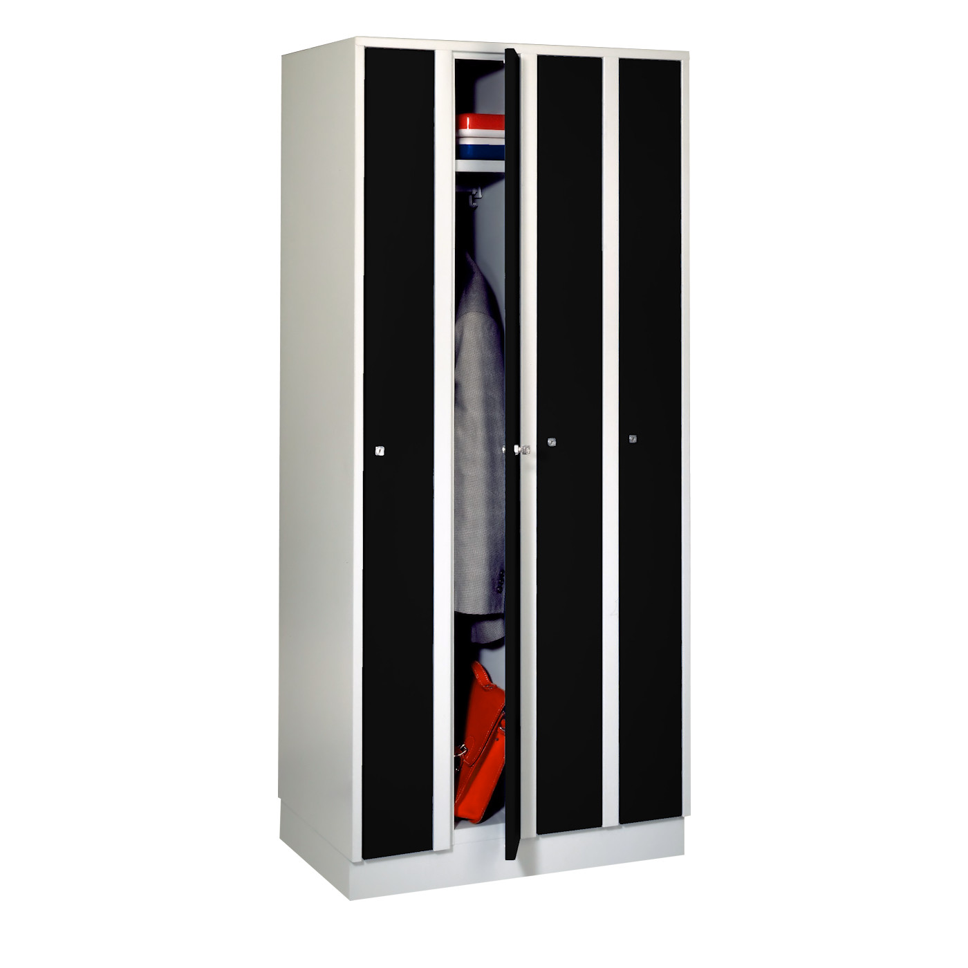 Wolf Raumspar-Spind Serie 71 R, Sockel, 4 Abteile mit einer Abteilbreite von je 200 mm Tiefschwarz RAL 9005
