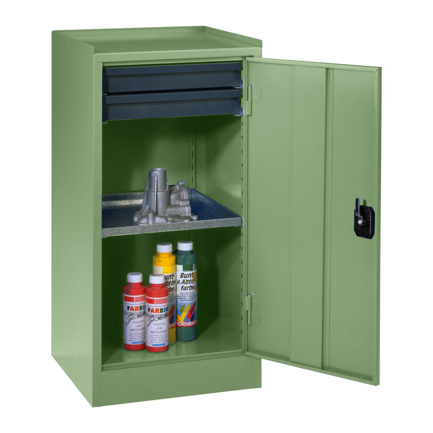 Wolf Werkzeugschrank Serie 50, Sockel, Breite 500 mm, 2 Schubladen, 1 Fachboden Resedagrün RAL 6011