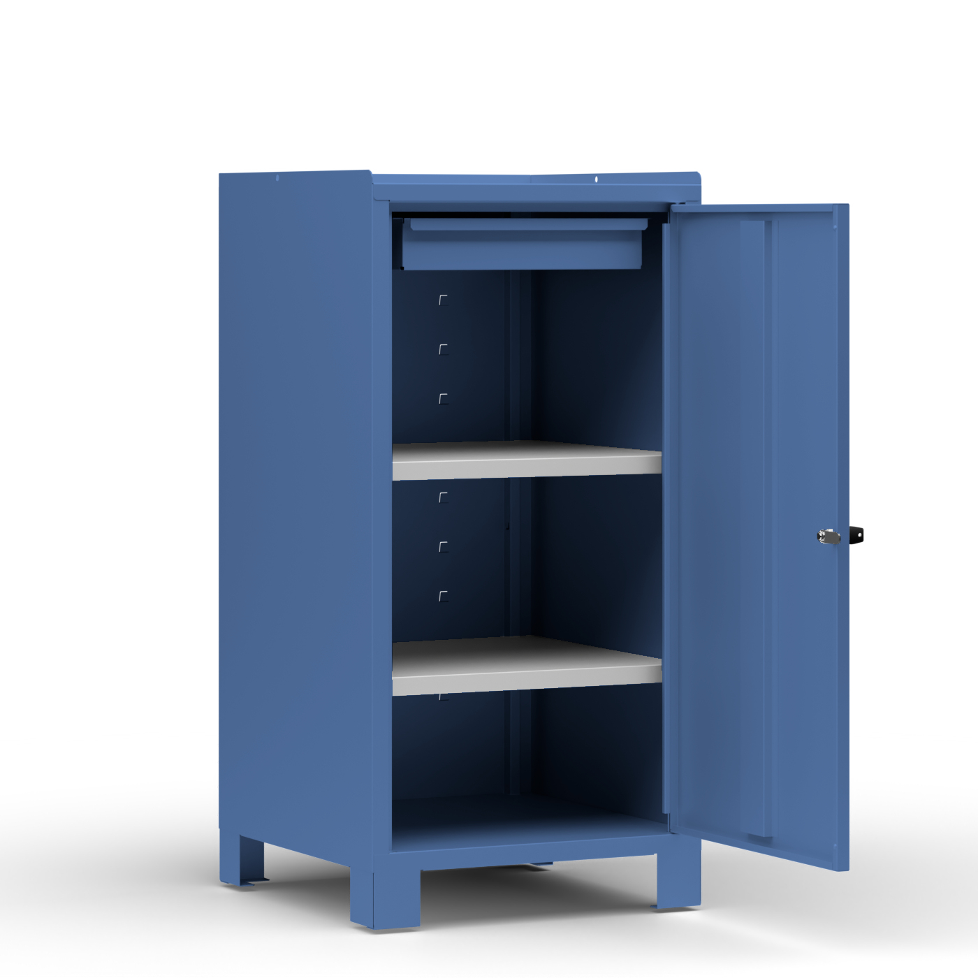 Wolf Werkzeugschrank Serie 59, Füße, Breite 500 mm, 1 Schublade, 2 Fachböden Brillantblau RAL 5007