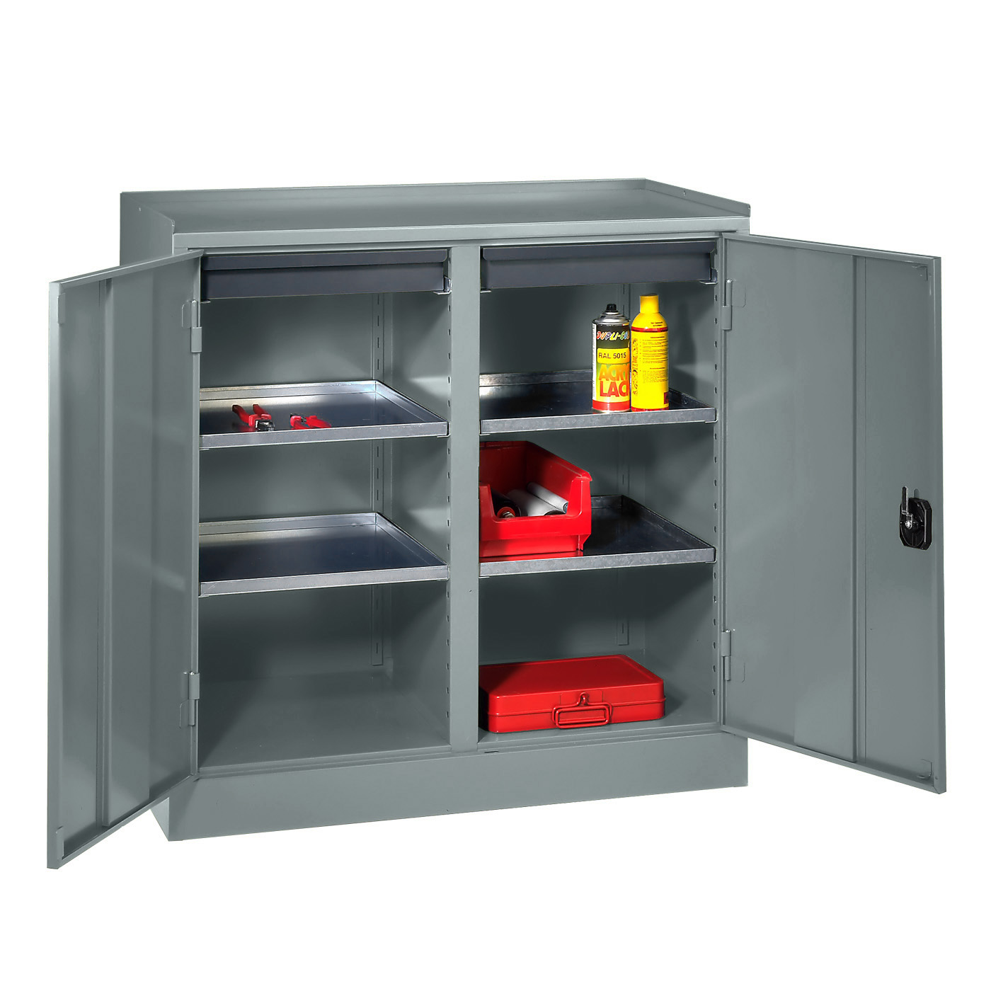 Wolf Werkzeugschrank Serie 51 Sockel Breite 1000 mm 2 Abteile 2 Schubladen 4 Fachböden Blaugrau RAL 7031