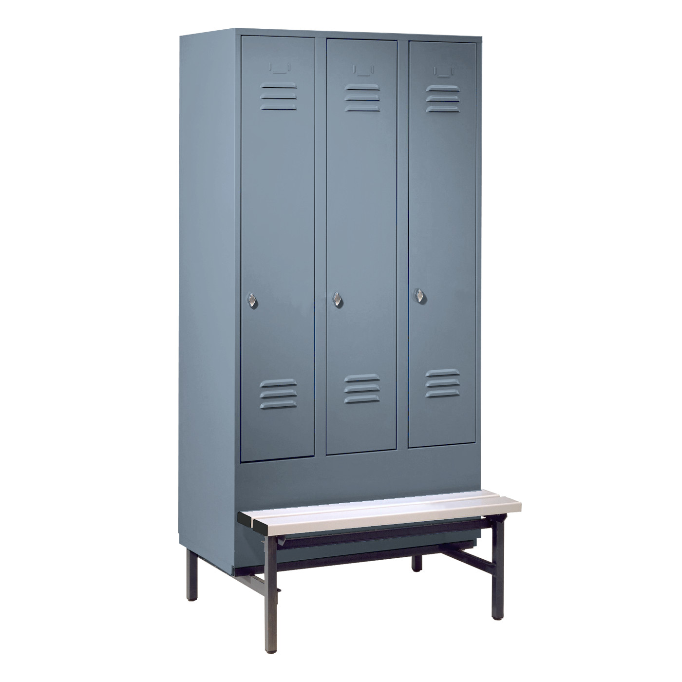 Wolf Spind Serie 75 GU mit Sitzbankuntergestell, Abteilbreite 300 mm, 3 Abteile Blaugrau RAL 7031