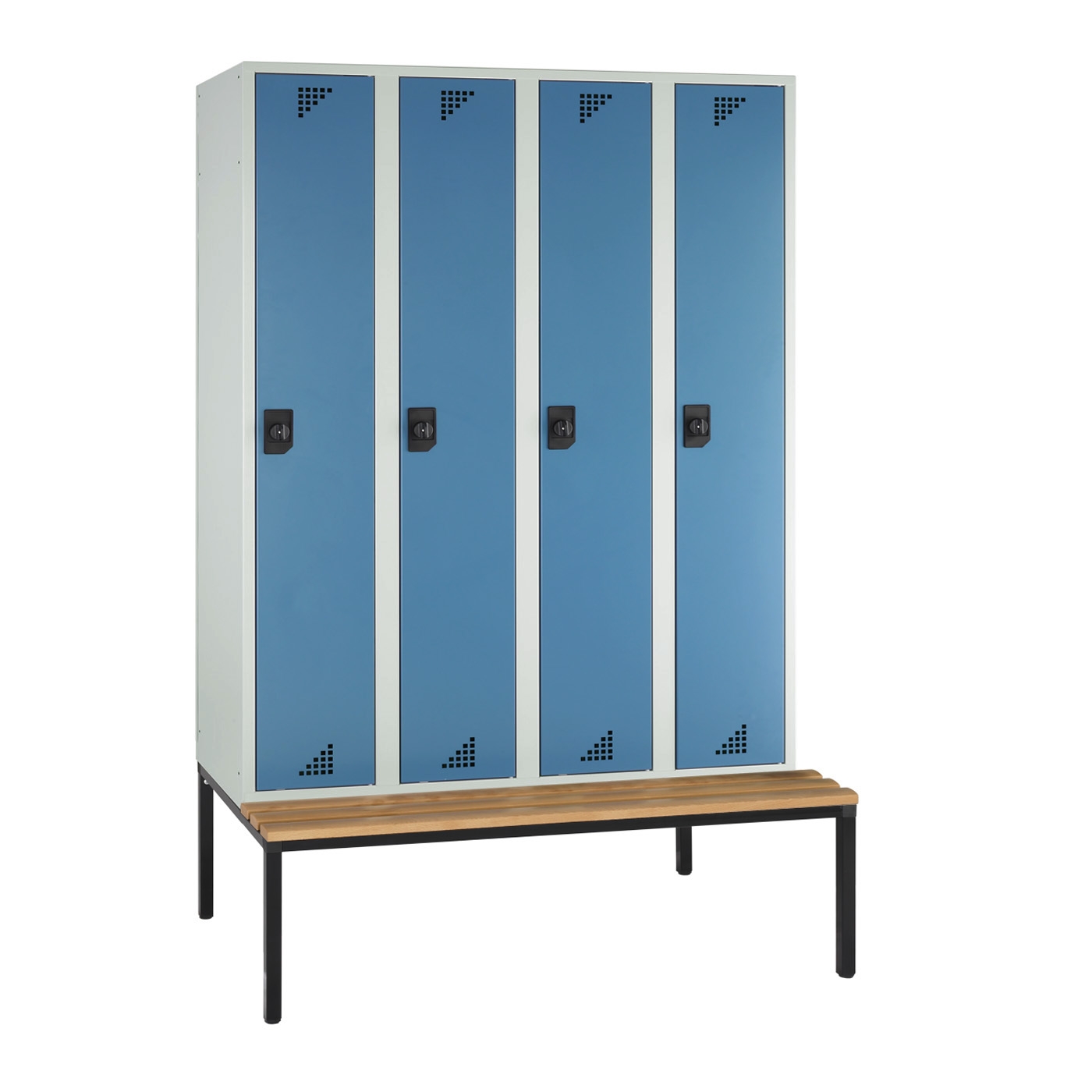 Wolf Spind Serie 82 U mit Sitzbankuntergestell, Abteilbreite 300 mm, 4 Abteile Brillantblau RAL 5007
