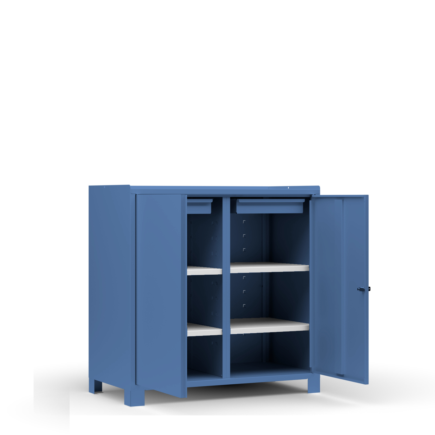 Wolf Werkzeugschrank Serie 59 Füße Breite 1000 mm 2 Schubladen 4 Fachböden Brillantblau RAL 5007