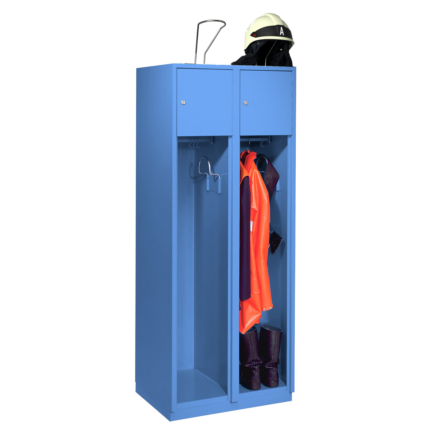 Wolf Feuerwehrschrank Serie 75 F, Sockel, Abteilbreite 400 mm, 2 Abteile Lichtblau RAL 5012