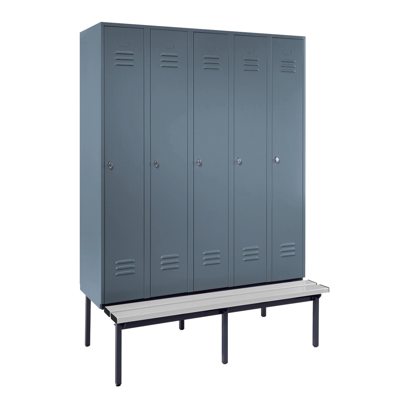 Wolf Spind Serie 75 U mit Sitzbankuntergestell, Abteilbreite 300 mm, 5 Abteile Blaugrau RAL 7031