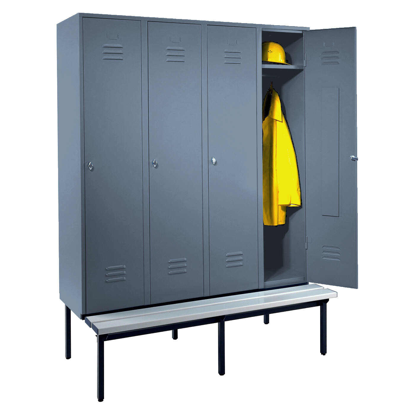 Wolf Spind Serie 75 U mit Sitzbankuntergestell, Abteilbreite 400 mm, 4 Abteile Blaugrau RAL 7031