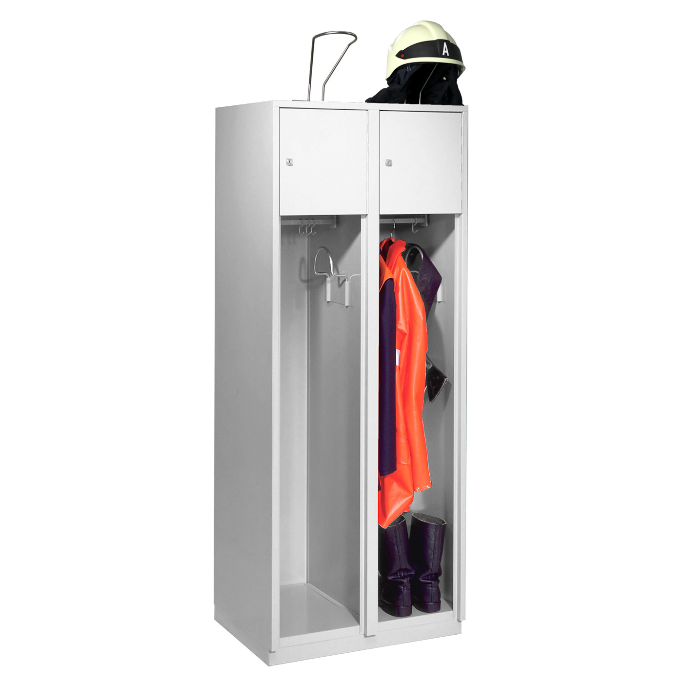 Wolf Feuerwehrschrank Serie 75 F, Sockel, Abteilbreite 400 mm, 2 Abteile Lichtgrau RAL 7035
