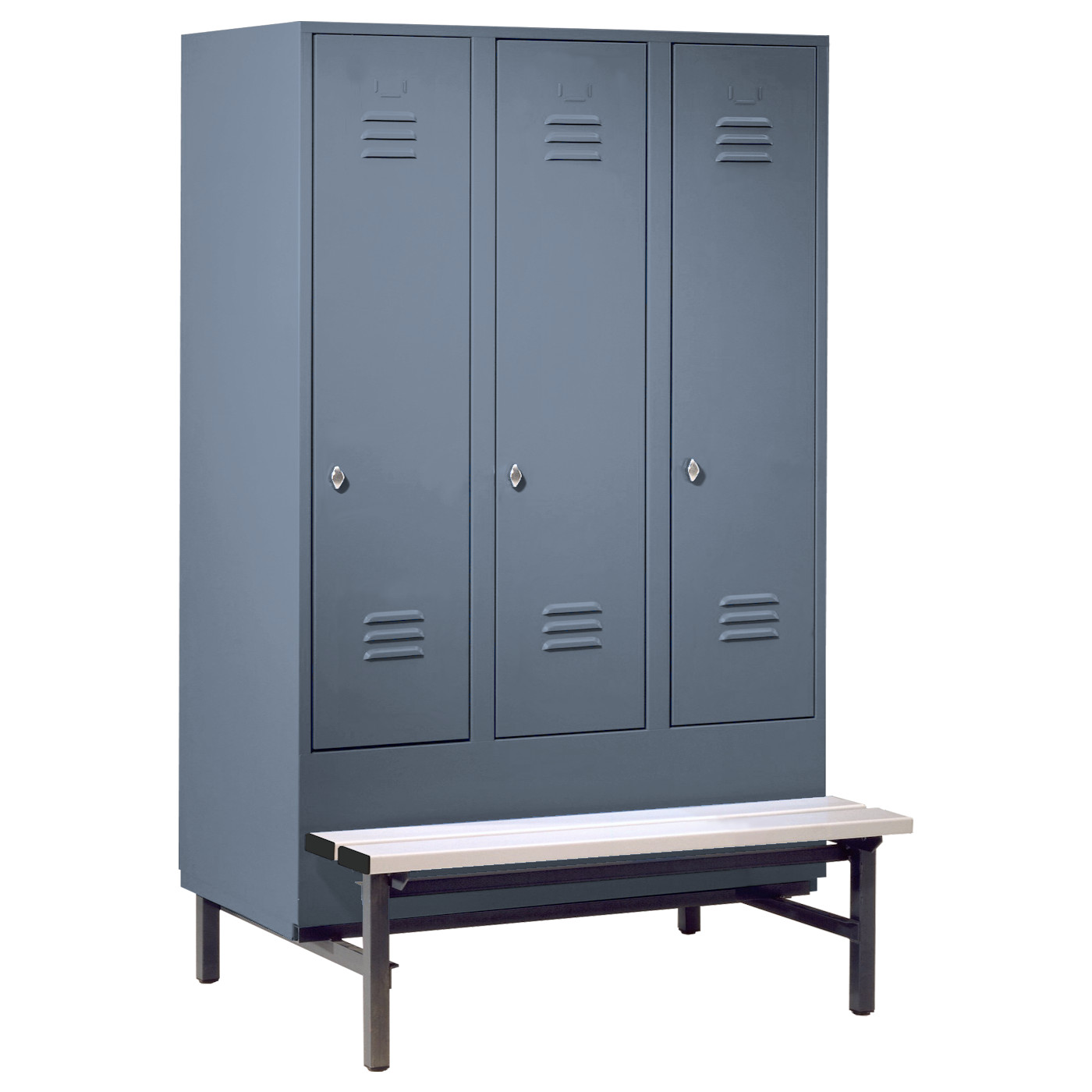 Wolf Spind Serie 75 GU mit Sitzbankuntergestell, Abteilbreite 400 mm, 3 Abteile Blaugrau RAL 7031