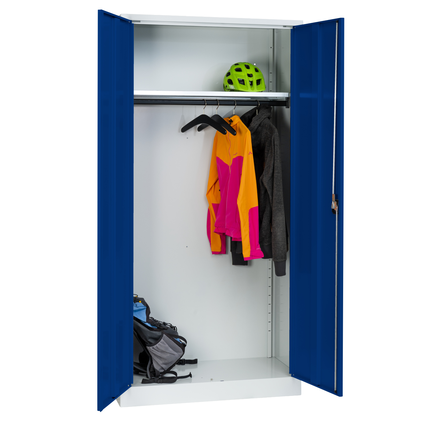 Wolf Flügeltüren-Garderobenschrank Serie 20 mit Sockel Höhe 1950 Breite 950 mm durchgehend Enzianblau RAL 5010