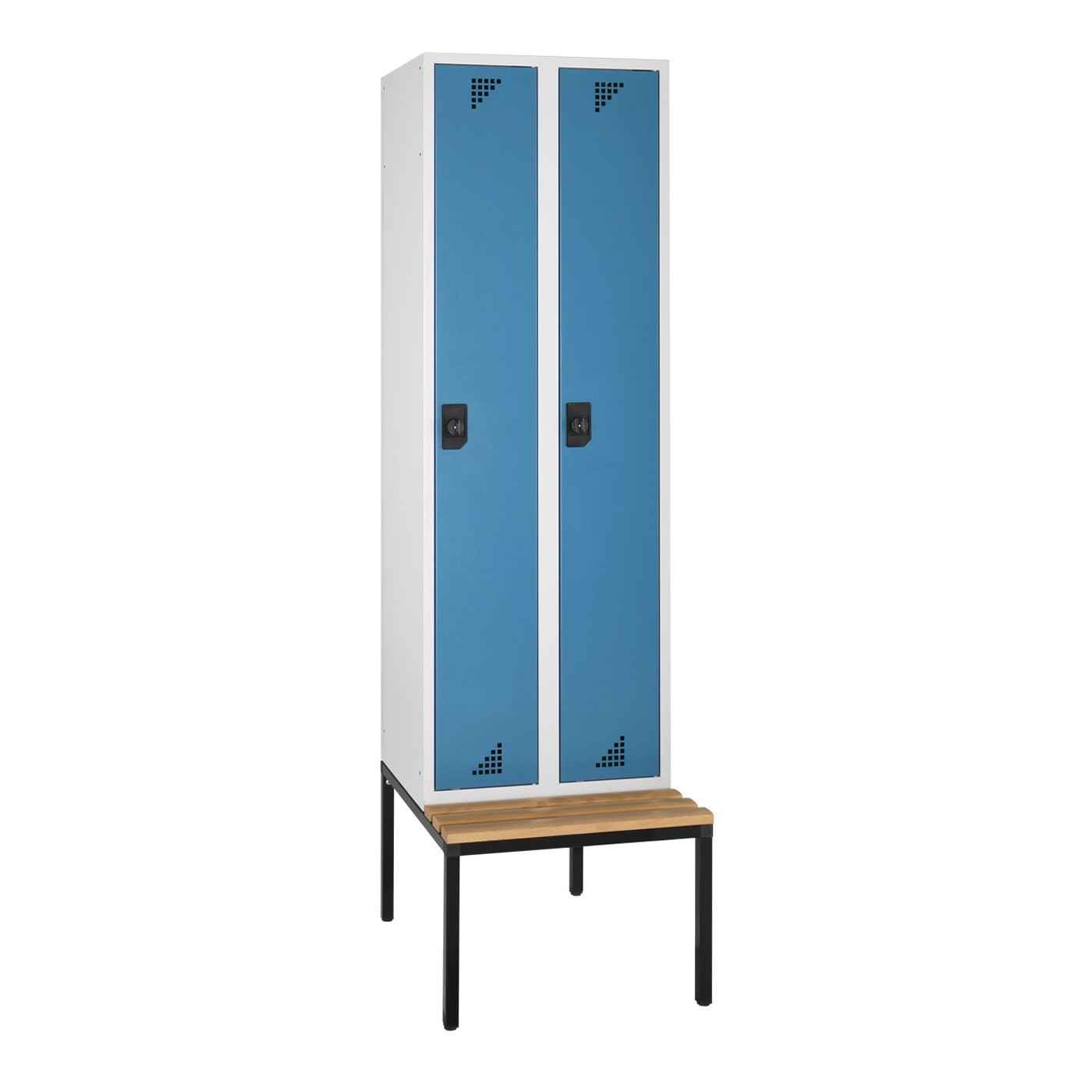 Wolf Spind Serie 82 U mit Sitzbankuntergestell, Abteilbreite 300 mm, 2 Abteile Brillantblau RAL 5007