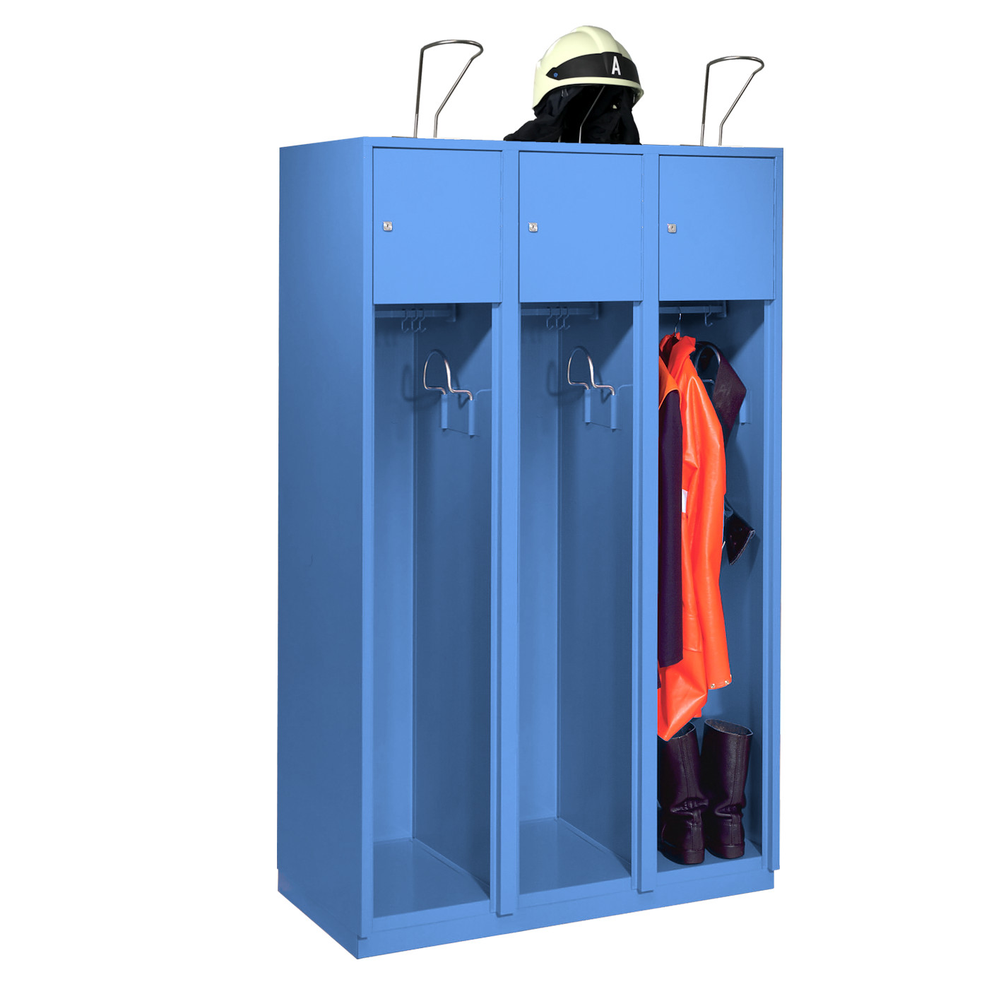Wolf Feuerwehrschrank Serie 75 F, Sockel, Abteilbreite 400 mm, 3 Abteile Lichtblau RAL 5012