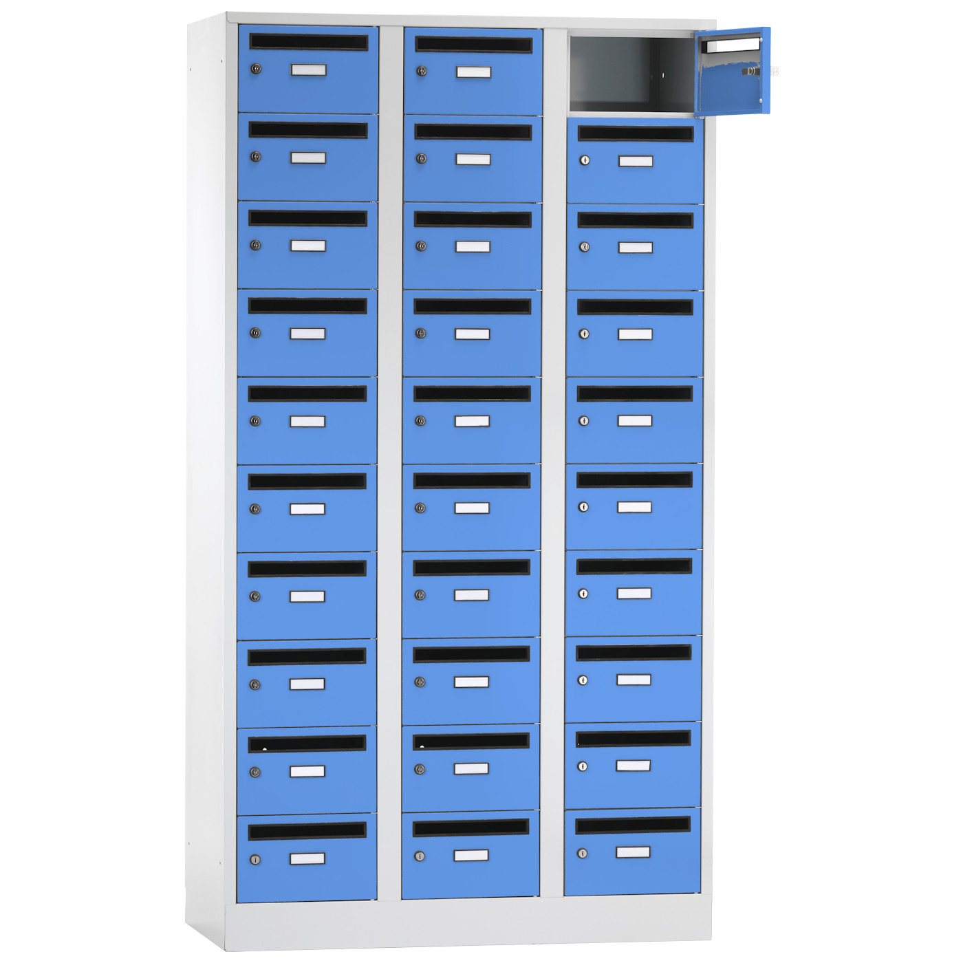 Wolf Postverteilerschrank Serie 42 PV, Sockel, Abteilbreite 350 mm, 3 Abteile à 10 Fächer Lichtblau RAL 5012