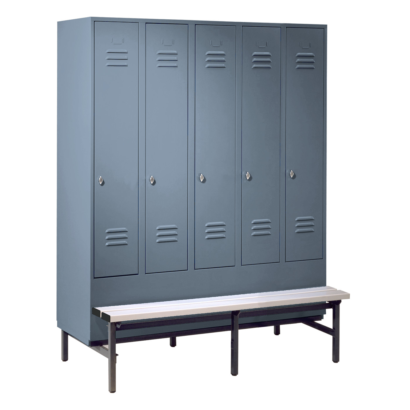 Wolf Spind Serie 75 GU mit Sitzbankuntergestell, Abteilbreite 300 mm, 5 Abteile Blaugrau RAL 7031