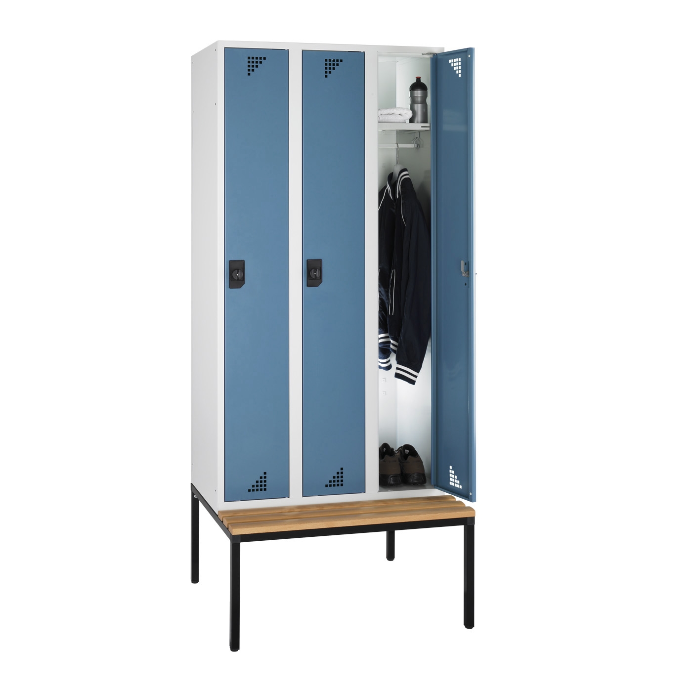 Wolf Spind Serie 82 U mit Sitzbankuntergestell, Abteilbreite 300 mm, 3 Abteile Brillantblau RAL 5007