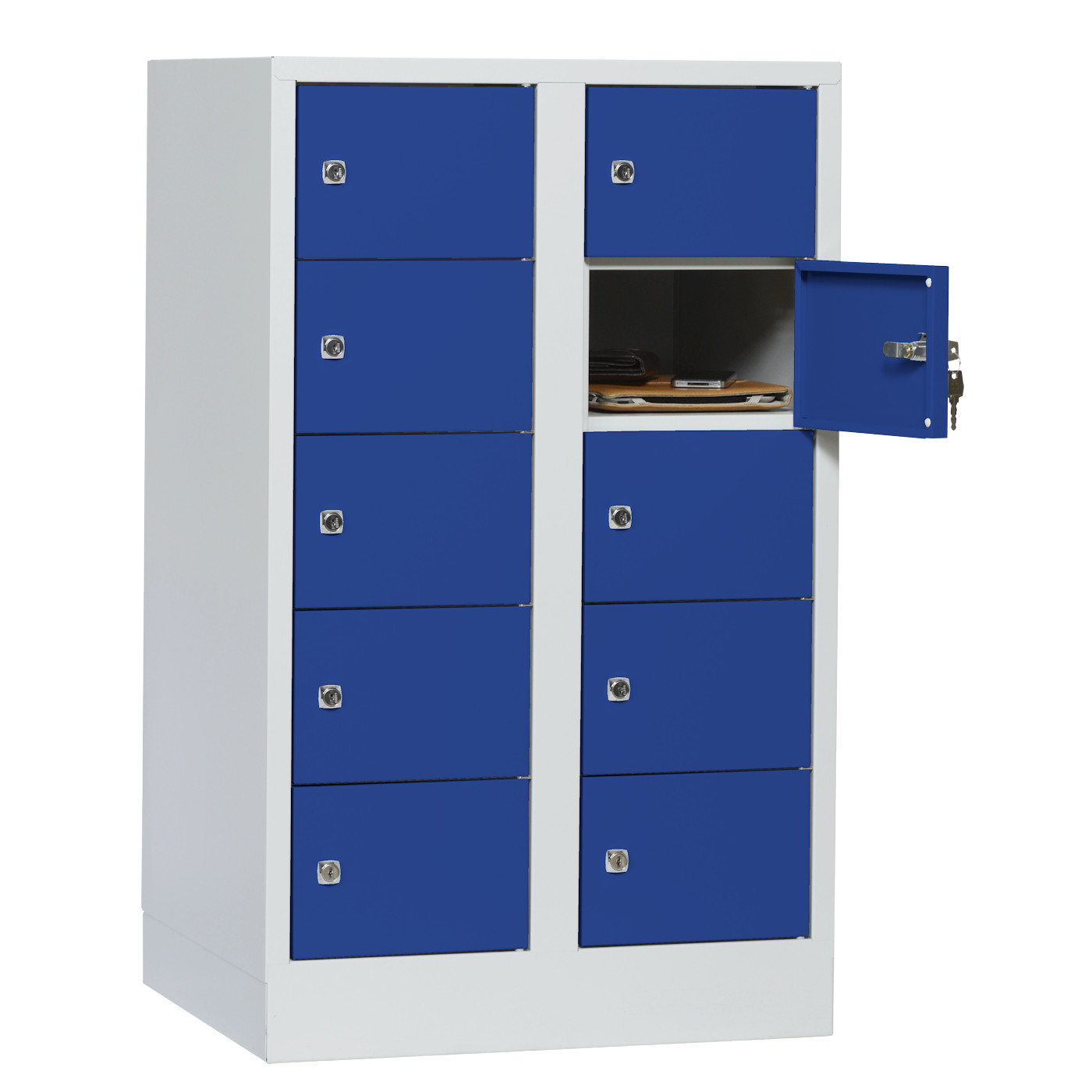 Wolf Kleingefachschrank Serie 41, Sockel, Abteilbreite 300 mm, 2 Abteile à 5 Fächer Enzianblau RAL 5010
