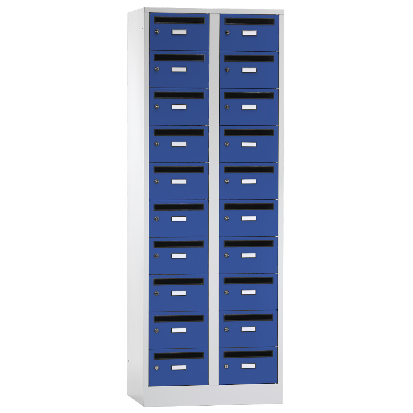 Wolf Postverteilerschrank Serie 42 PV, Sockel, Abteilbreite 350 mm, 2 Abteile à 10 Fächer Enzianblau RAL 5010